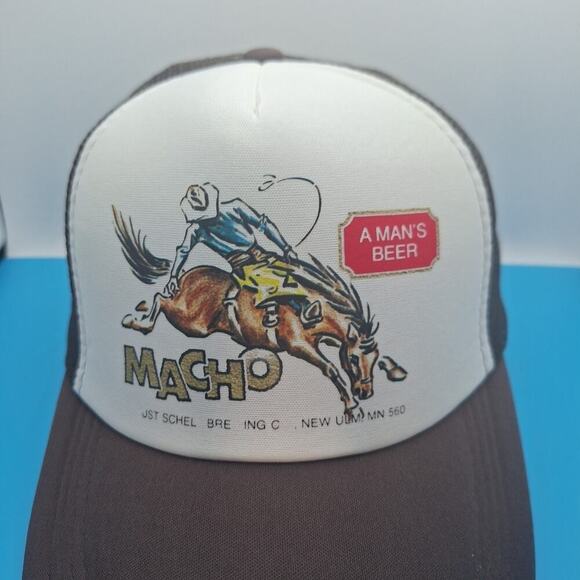 Macho A Men's Beer Trucker Snapback Hat Cap Foam Brown Retro Logo - Picture 2 of 6